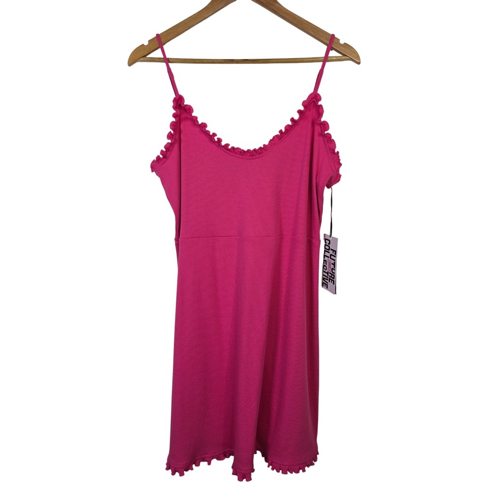 Future Collective Alani Noelle Pink Ribbed Ruffle Mini Dress Large NWT Girly